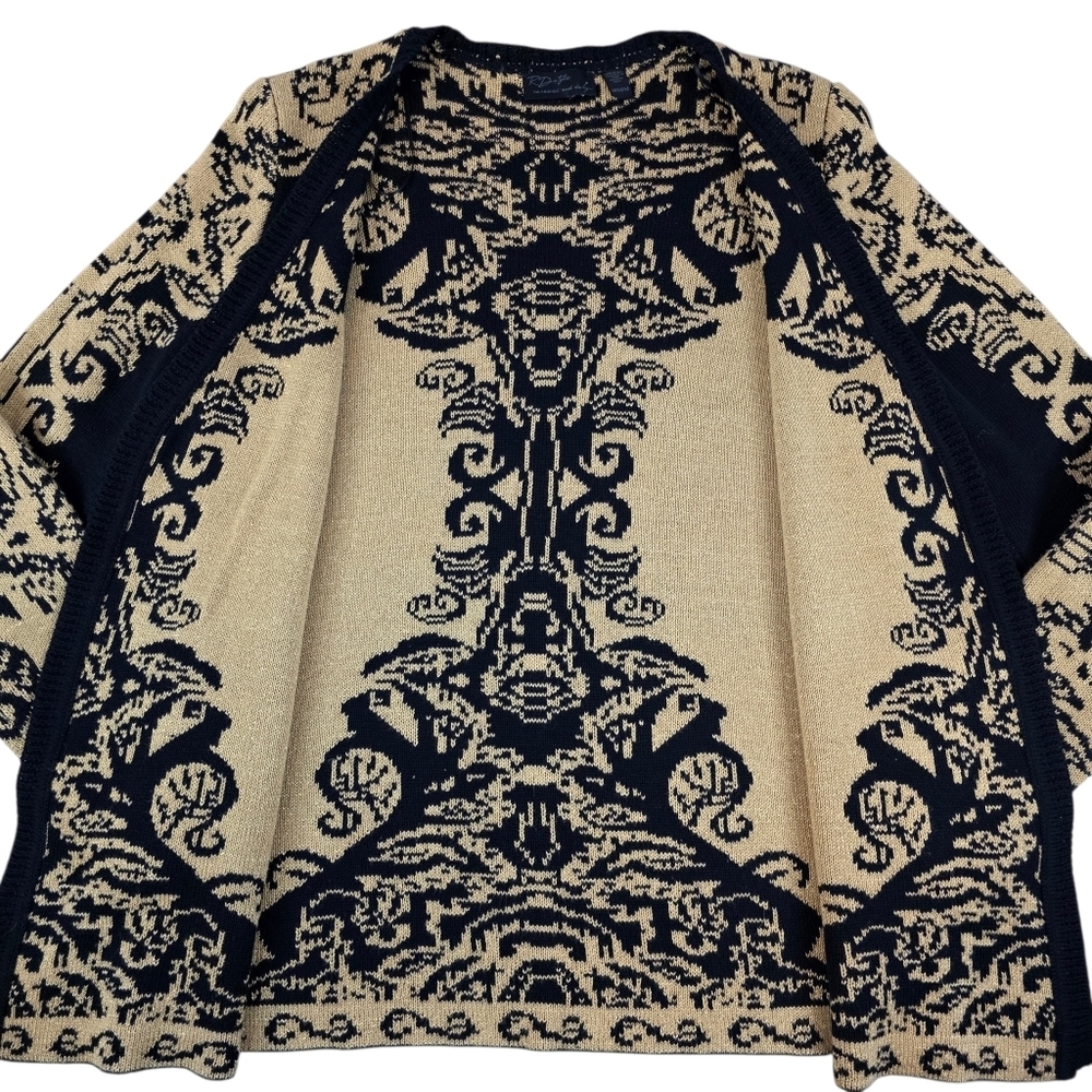 Baroque Jacquard Open Front Knit Cardigan Sweater Black Gold Metallic Women M - Picture 3 of 7